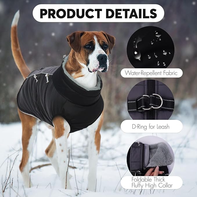 IDOMIK Warm Dog Coat with Harness, Waterproof Reflective Dog Jackets for Small Medium Large Dogs, Fleece High Collar Winter Jacket with Zipper, Pet Winter Snowsuit Clothes for Cold Weather,Black S