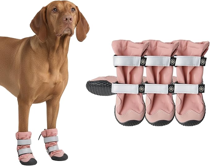 Spark Paws Dog Shoes, Waterproof Dog Boots for Medium to Large Dogs, Non Slip, Breathable Dog Booties and Paw Protectors - 4PCS Doggie Hiking Boots with Reflective Straps - Pink - Size 7