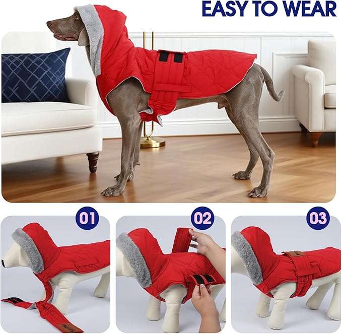FUAMEY Extra Large Winter Dog Clothes, Elastic Jackets for Dogs Cold Weather, Thermal Pup Coats with Adjustable Hook & Loop, Hooded Puppy Snow Outfits Soft Linings (Red, XL)