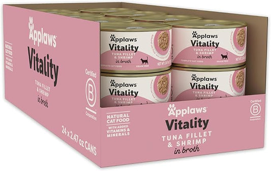 Applaws Vitality Wet Cat Food in Broth, Natural Cat Food with Added Vitamins & Minerals, Grain and Carrageenan Free, Tuna Fillet & Shrimp in Broth (24 Count, 2.47 oz Cans)