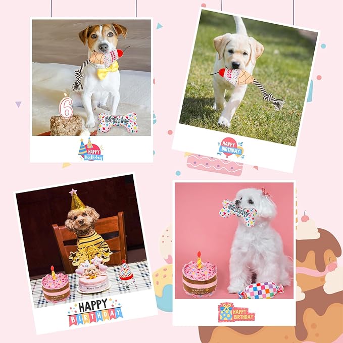SCENEREAL Dog Birthday Squeaky Toy Set, 5 Pcs Stuffed Plush Pet Toys Birthday Gift for Dogs Boys and Girls Birthday Party, Cute Durable Interactive Puppy Teething Chew Toys for Small Medium Dogs