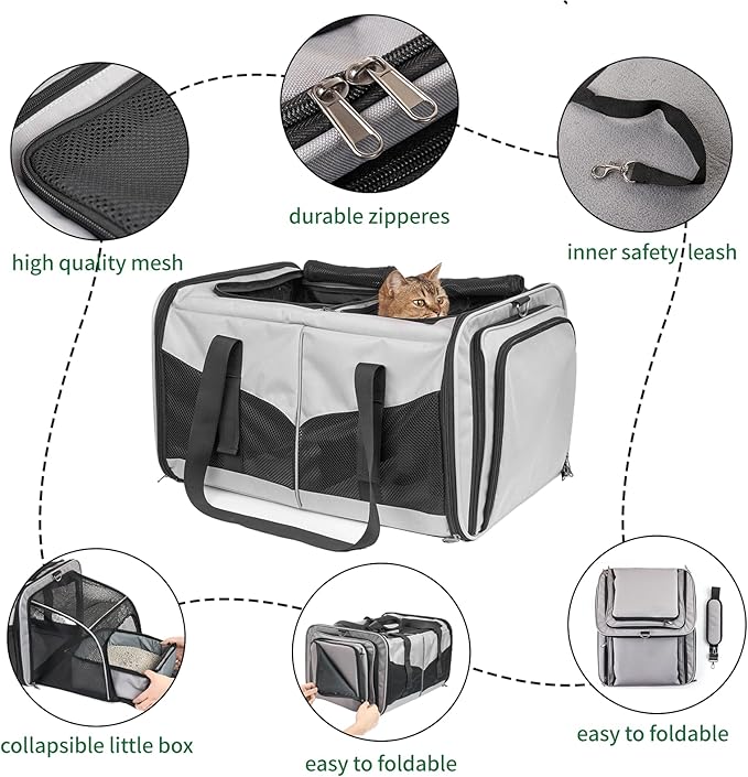 Cat Carrier with Litter Box - INRLKIT Cat Carrier for 2 Cats, Portable 2-in-1 Double Cat Travel Carrier Bag for Traveling, Expandable Pet Carrier for Car, Portable Travel Litter Box for Cats (Grey)