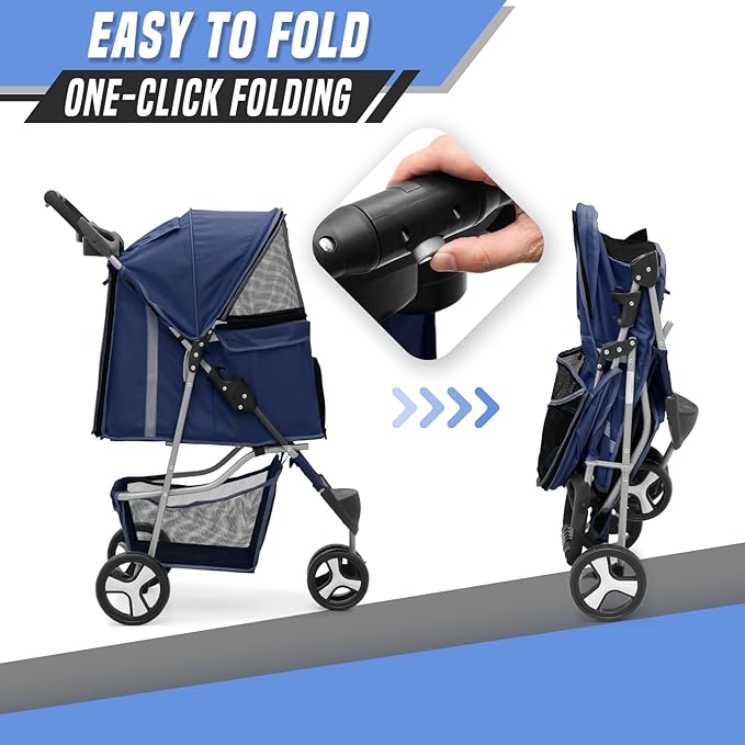 Cat & Dog Stroller, 3-Wheels Foldable Pet Stroller for Medium/Puppy Dogs & Cats, 30 Lbs, Breathable Mesh Navy with Storage Basket & Cup Holder