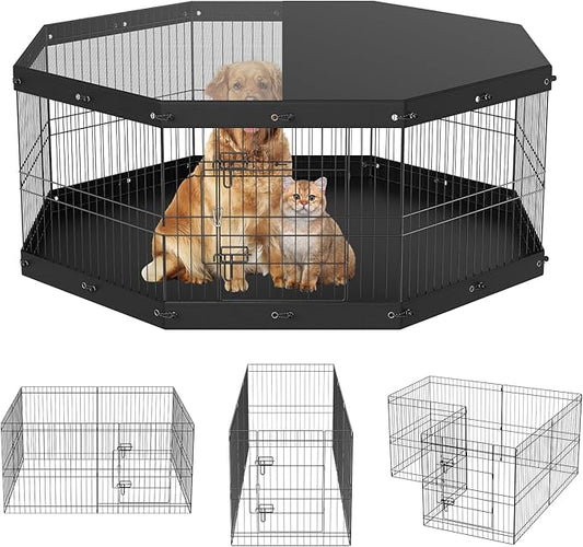 VEVOR Foldable Metal Dog Exercise Pen, Pet Playpen Dog Fence for Camping with Top Cover and Bottom Pad, 24" H 8 Panels, Puppy Crate Kennel Indoor Outdoor for Medium Dogs, Both for Home&Yard