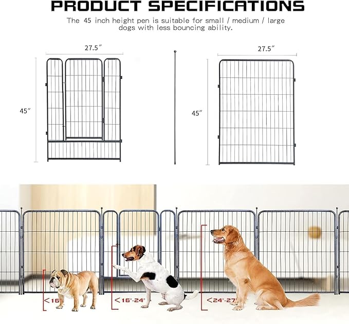 Dog Playpen,32/40/45 Inch Height in Heavy Duty, Folding Indoor Outdoor Anti-Rust Dog Exercise Fence, Portable Pet Playpen with Door for Large Medium Small Dogs and Pet (24 Panels, 45 Inch) Silver