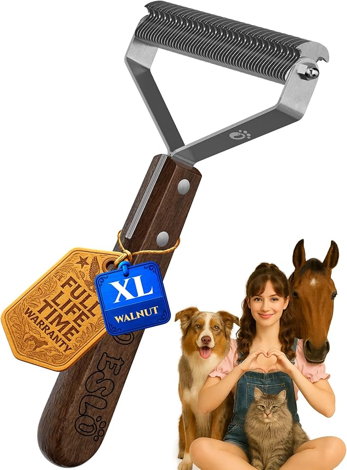 Extra Large 2-Sided Dog Brush For Shedding Undercoat Rake for Dogs & Cats, Remove Mats, Dematting Comb,Gentle Grooming Brush for German Shepherds Medium to Long-Haired Pets(Premium Walnut Handle)