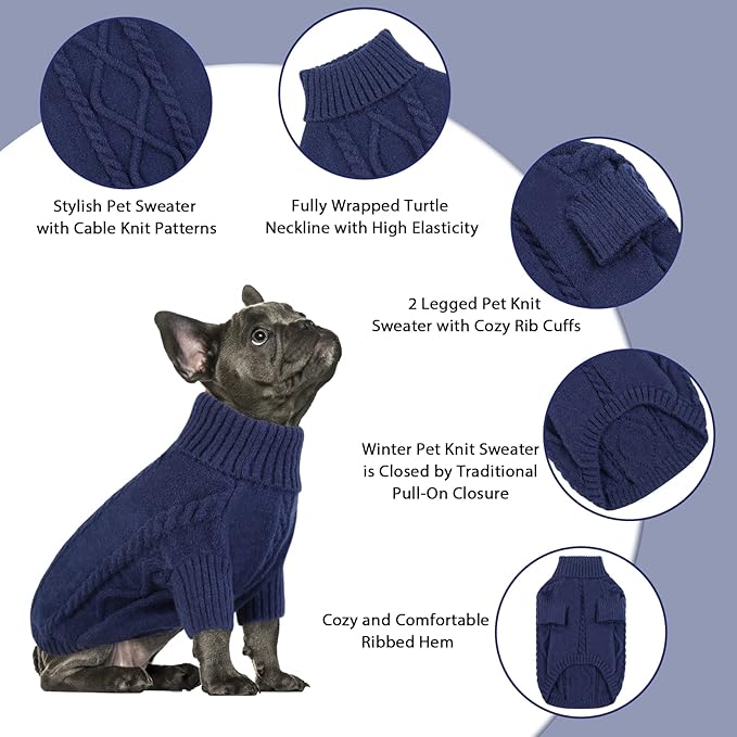 Queenmore Small Dog Pullover Sweater, Cold Weather Cable Knitwear, Classic Turtleneck Thick Warm Clothes for Chihuahua, Bulldog, Dachshund, Pug (Dark Navy, Small)