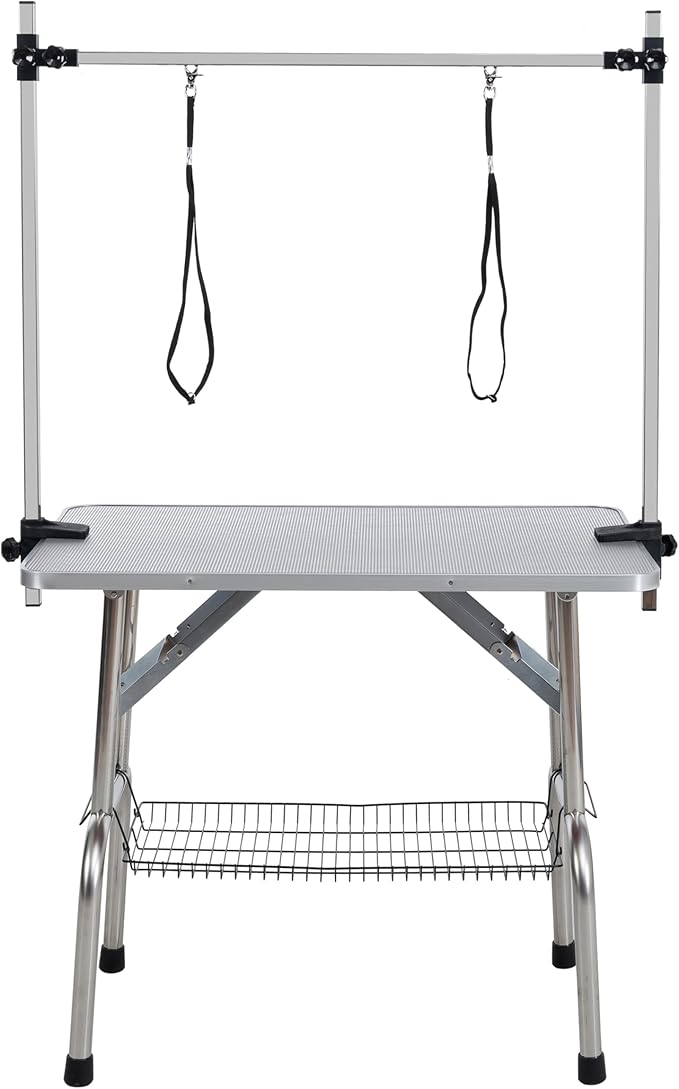 36 Inch Dog Grooming Table, Adjustable Height Pet Grooming Table with Armrest, Ropes and Mesh Tray, Suitable for Home and Dog Washing Station