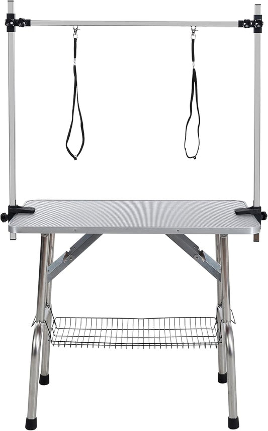 36 Inch Dog Grooming Table, Adjustable Height Pet Grooming Table with Armrest, Ropes and Mesh Tray, Suitable for Home and Dog Washing Station