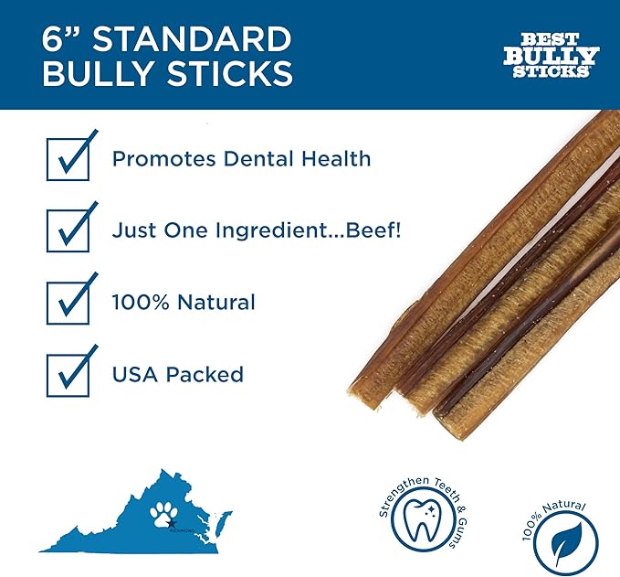 Best Bully Sticks 6 Inch Bully Sticks - 8 oz (Pack of 1) - Natural Grass-Fed, Grain and Rawhide Free, Great for Medium or Large Pets