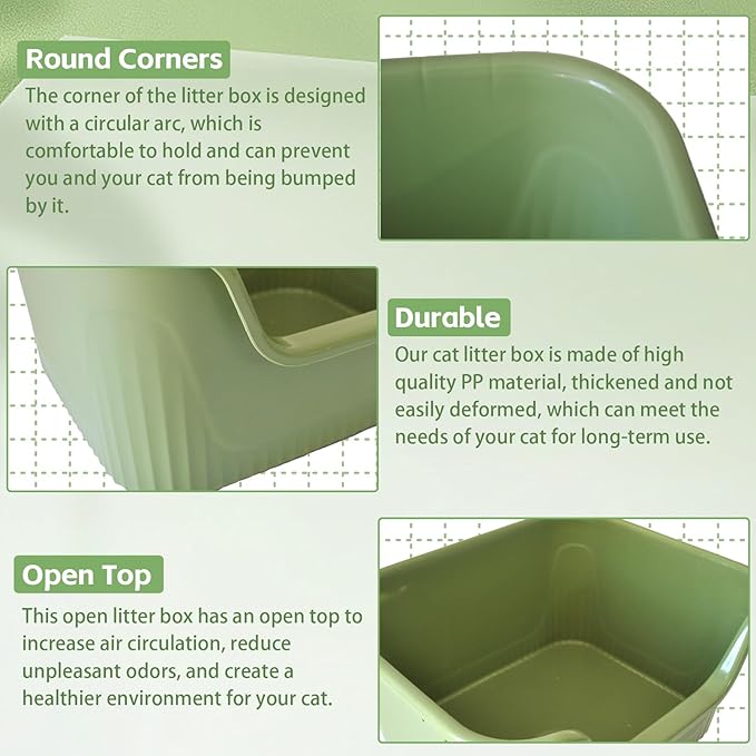 Large Cat Litter Box with High Sides,17.5"x15"x8.9" Open Top Cat Litter Pan Anti Splashing Non-Stick Litter Tray Low Entry Cat Litter Boxes Jumbo Kitty Litter Toilet Easy Clean for Cats(Green)