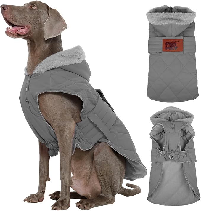 FUAMEY Dogs Warm Jackets Cold Weather, Cozy Hooded Dog Coat Fleece Lining for Winter Morning Walks, Thermal Puppies Snow Outfits with Harness Hole, Waterproof (Gray, 2XL)