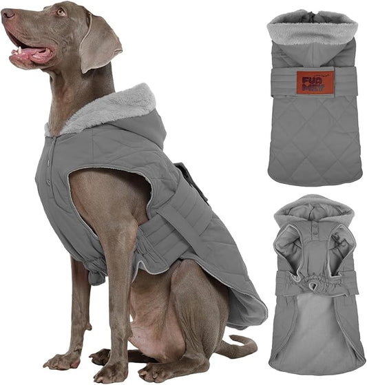 FUAMEY Dogs Warm Jackets Cold Weather, Cozy Hooded Dog Coat Fleece Lining for Winter Morning Walks, Thermal Puppies Snow Outfits with Harness Hole, Waterproof (Gray, 2XL)