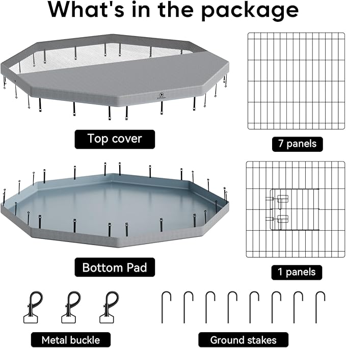 PJYuCien Dog Playpen, 8 Panels 24”H Dog Playpen Indoor with Grey Bottom Pad and Top Cover, Metal Foldable Dog Pen for Indoor Use, Only for Small Medium Animals, Grey