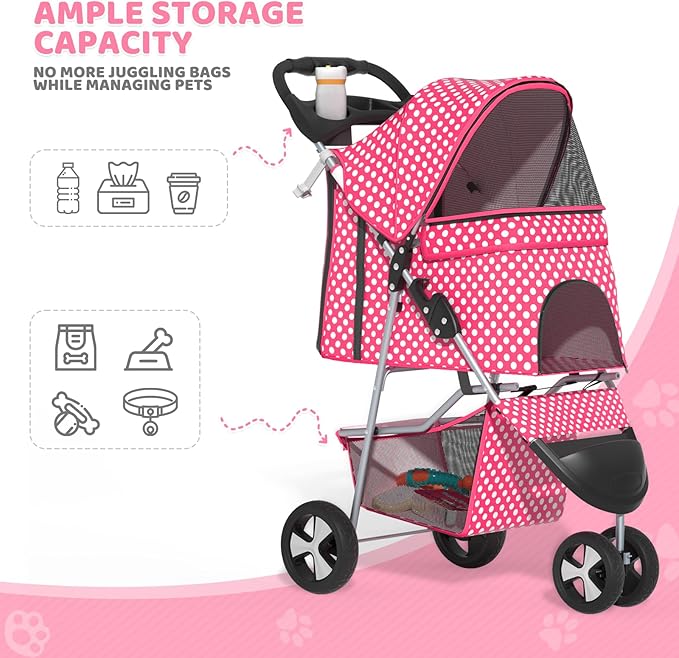 Magshion 3-Wheel Pet Stroller, Foldable Travel Jogger for Small & Medium Dogs & Cats (Up to 33lbs), Lightweight Carrier with Breathable Mesh Cover, Cup Holder & Storage Basket, Hot Pink Polka Dots