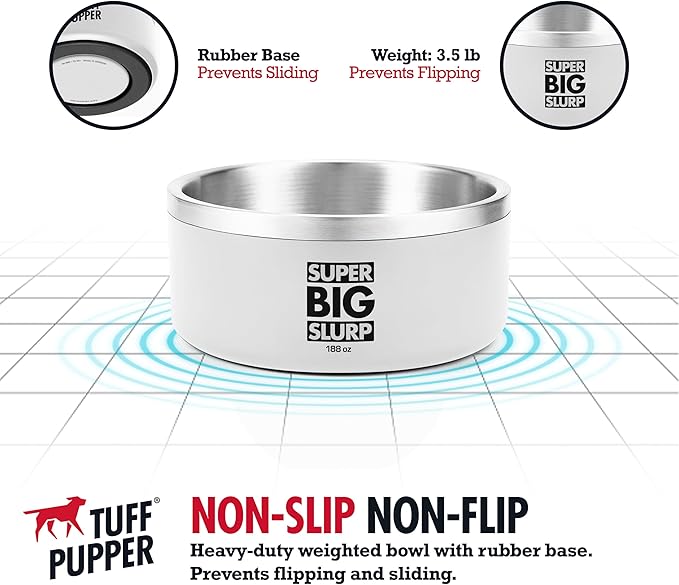 Tuff Pupper Heavy Duty Insulated Dog Bowl | Double Wall Stainless Steel Dog Food Dish | Non-Slip Spill Proof Dishwasher Safe Cat Bowl | Water Dish for Feeding Large Medium Small Pets (188oz, White)