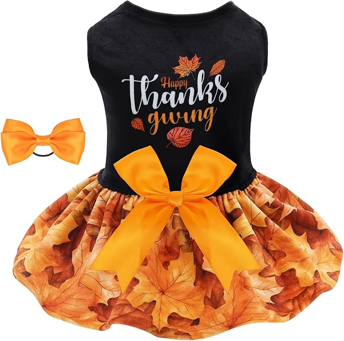 CuteBone Thanksgiving Dog Fall Dresses Costume Velvet Holiday Small Dogs Clothes Onesie Pet Apparel Girl Puppy Skirt with Bow Hair Rope CVA52XS-D