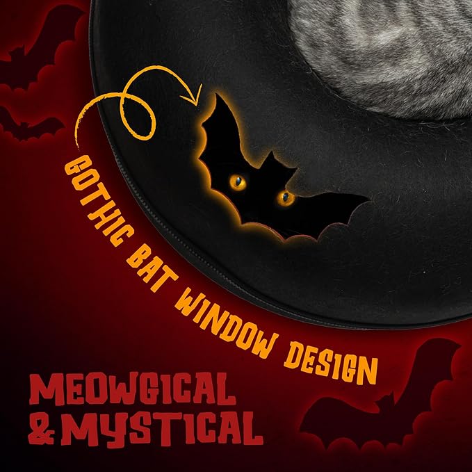 Cattasaurus Halloween Peekaboo Cat Cave for Multiple & Large Cats Up to 30-45 Lbs, Scratch Detachable & Washable Tunnel Bed, Comfy Donut Cat Cave (Gothic Bat, Large)