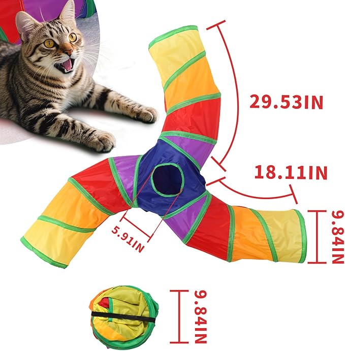 Pet Cat Tunnel, 3 Way Tunnels for Indoor Cats, Collapsible Pet Tunnel for Kitten, Puppy, Rabbit, 25cm-Wide Tunnels, Durable & Breathable, with Peek Hole Toy Ball