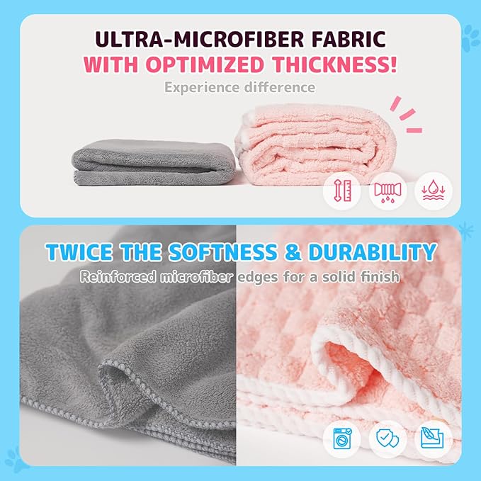 Microfiber Dog Towel Set for Drying Dogs – Absorbent, Quick-Dry, and Soft Towels for Bathing and Grooming Dogs and Cats, Including 2 Different Sized – Cloud Pet Towels (Pink)