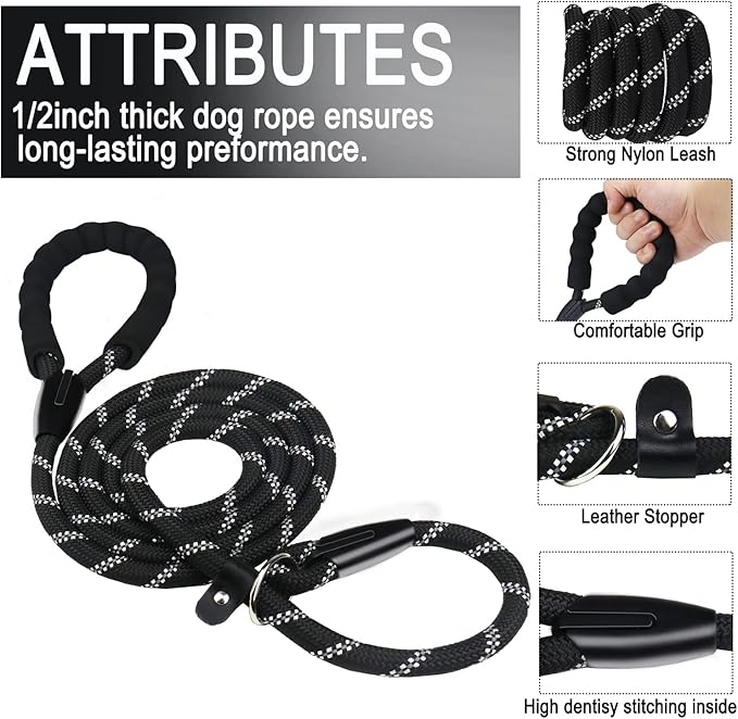 Dog Leash, 6 FT Heavy Duty Dog Leashes, Durable Premium Quality Strong Rope Slip Leash with Comfortable Padded Handle and Highly Reflective Threads for Small Medium and Large Dogs, (Black)