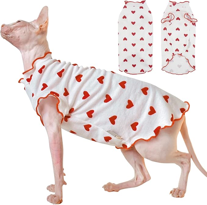 DENTRUN Heart Pattern Sphynx Hairless Cats Shirt, Kitten T-Shirts with Perlin Sleeves, Breathable Cat Wear Cute Sweater Adorable Hairless Cat's Clothes Vest Pajamas Jumpsuit