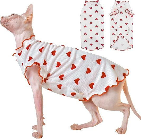 DENTRUN Heart Pattern Sphynx Hairless Cats Shirt, Kitten T-Shirts with Perlin Sleeves, Breathable Cat Wear Cute Sweater Adorable Hairless Cat's Clothes Vest Pajamas Jumpsuit