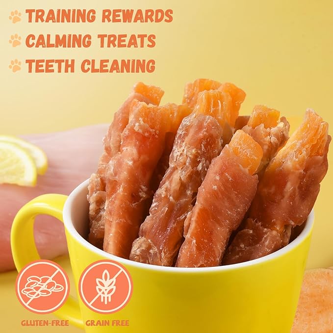 Chicken Jerky Wrapped Sweet Potato Dog Treats w/Taurine, Healthy Dog Snacks Low Fat High Protein, Chewy Training Rewards Treats for Small Medium Large Breeds,10.6oz, 13-17 Counts