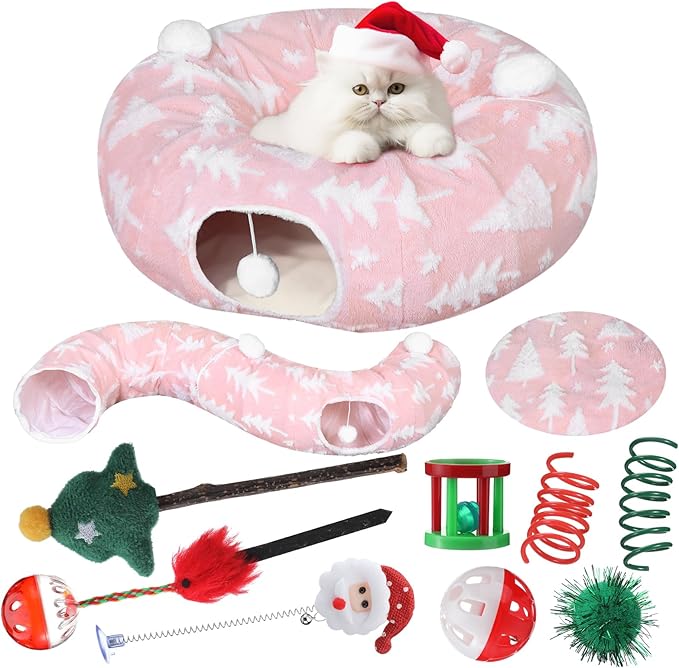 Christmas Cat Tunnel Bed with 8 Cat Toys Fluffy Plush Dog Tunnel Bed with Washable Cushion and Dangling Balls 3FT Multifunctional Playground for Small Medium Large Rabbit(Tree,Pink)
