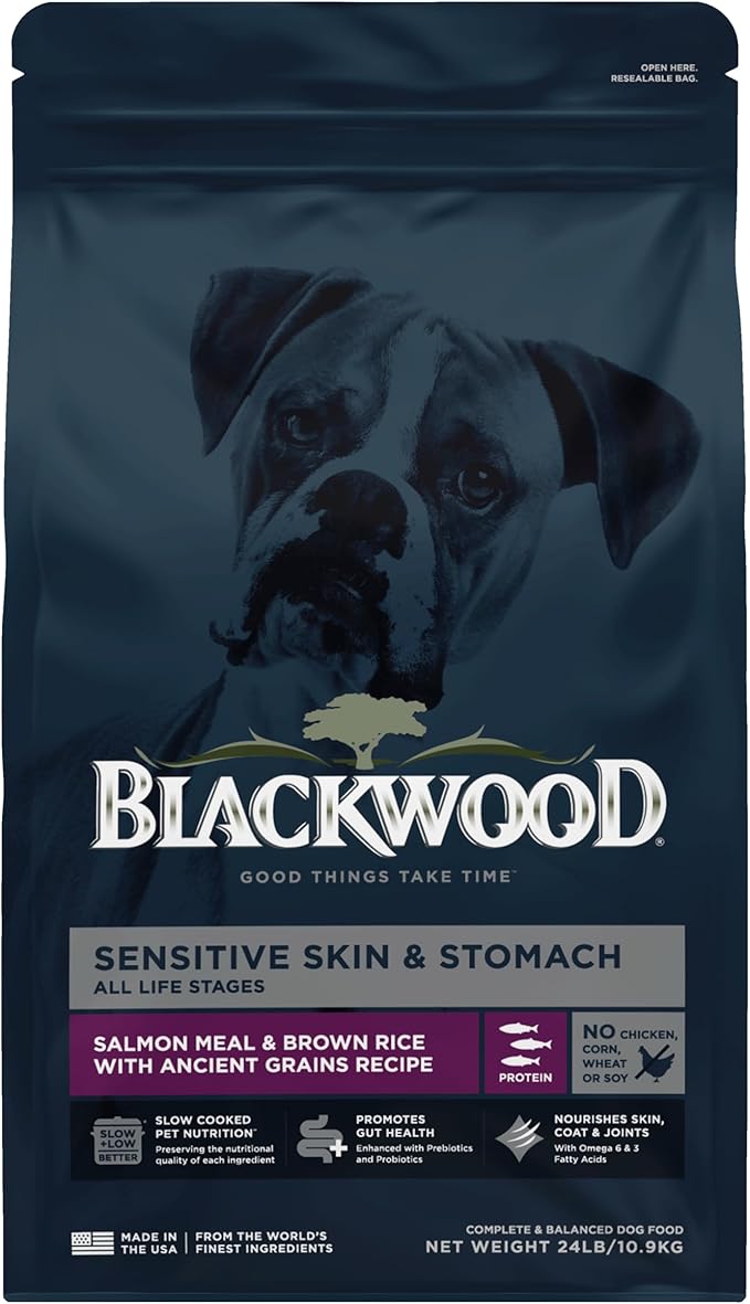 Blackwood Sensitive Skin & Stomach Dry Dog Food, Salmon Meal & Brown Rice with Ancient Grains, 24 Pound Bag with Prebiotics & Probiotics to Promote Gut Health