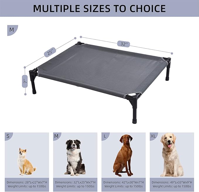 pettycare Elevated Outdoor Dog Bed - Dog Cots for Medium Pet, Heavy Duty Raised Cot Waterproof, Cooling Pets Bed with Washable Durable Teslin Mesh and Non Slip Feet, 32 Inches, Grey