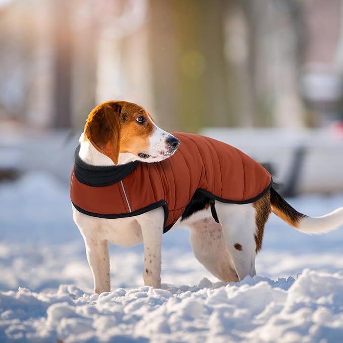 IDOMIK Waterproof Dog Winter Coat, Reflective Warm Dog Puffer Jacket with Harness Hole, Adjustable Lightweight Snow Jacket with Turtleneck, Pet Cold Weather Coats for Small Dogs,Caramel,S