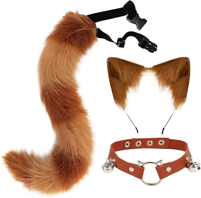 Cat Ears and Wolf Fox Animal Tail Cosplay Costume Faux Fur Hair Clip Headdress Halloween Leather Neck Chocker Set