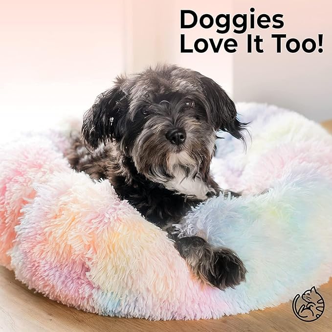 Cat Bed for Indoor Cats and Small Medium Dogs - Washable 20/24 Inches, Anti-Anxiety Round Fluffy Plush Faux Fur, Thick Bottom (Rainbow, Medium)
