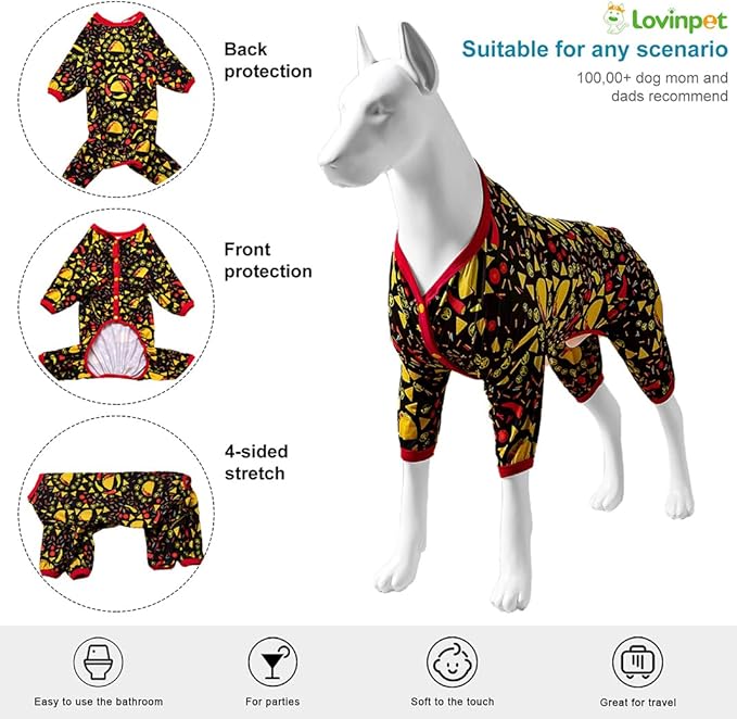 LovinPet Giant Dogs Pajamas Onesies, Big Dog Onesie Post Surgery Wear, PJS for Pitbulls, Lightweight Pitbull Dog Pullover Pajamas, Full Coverage Dog Pjs, Black Taco Print, Pitbull Clothes, XL