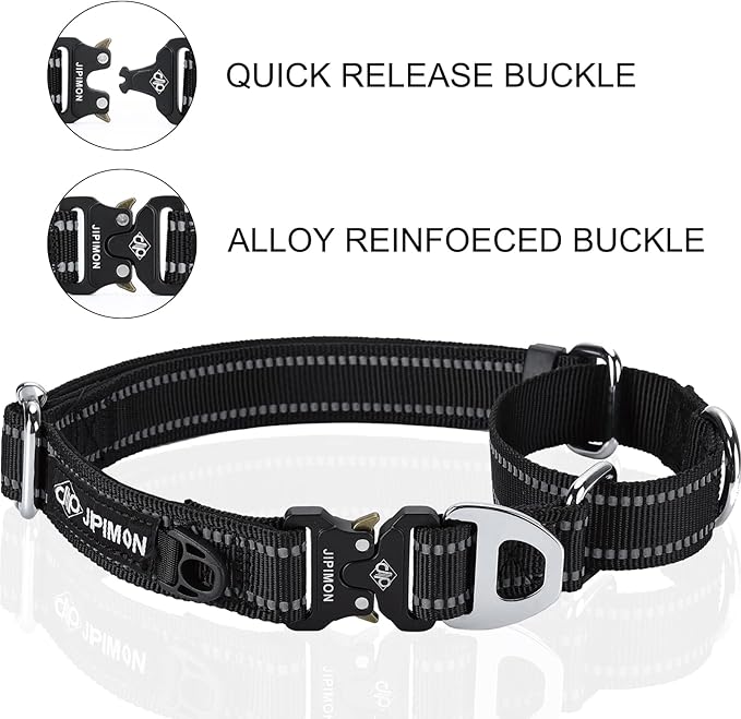 Martingale Dog Collar Reflective Nylon Soft Cushion with Alloy Buckle Dog Collar Martingale Small Medium and Large Dogs (Medium, Black)