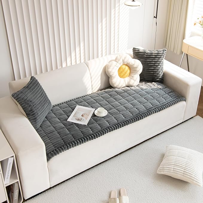 Faux Fur Plush Dog Couch Cover 3D Stripe Fuzzy Sofa Cover Non-Slip Fluffy Dog Bed Cover Pet Blanket Sofa Couch Furniture Protector for Puppy Large Dog Cat (Dark Grey,31"x82")