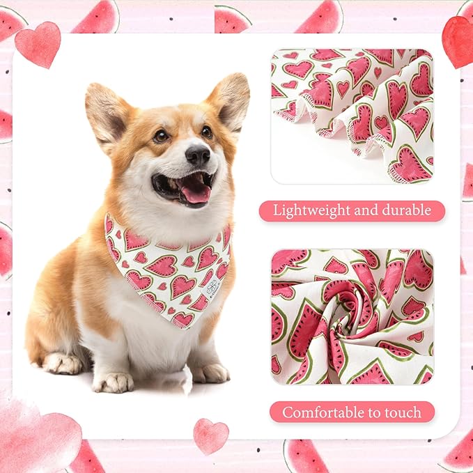E-Clover Pink Watermelon Dog Bandanas & Matching Scrunchie Set Cute Heart Dog Scarf Bibs Pet Bandana with Bow Tie for Medium Large Dogs Owner Mom Spring Summer