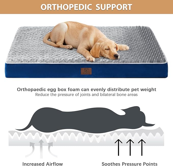 WNPETHOME Orthopedic Large Dog Bed, Extra Large Waterproof Dog Bed with Removable Washable Cover & Anti-Slip Bottom,Egg Crate Foam Pet Bed Mat,Soft Rose Plush Pet Crate Mat