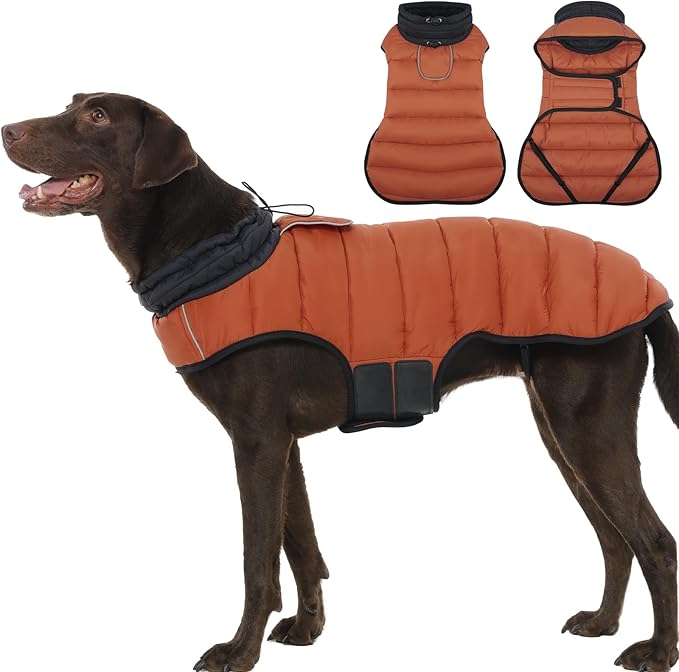 MIGOHI Lightweight Dog Puffer Jacket - Dog Winter Coat with Reflective Strips, Padded Vest with Harness Hole, Warm Snow Jacket Cold Weather, Easy On Hook & Loop Belly for Large Dogs, Caramel, 2XL