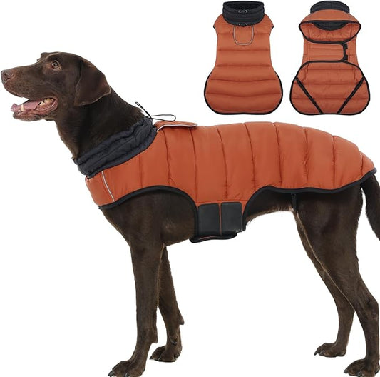 MIGOHI Lightweight Dog Puffer Jacket - Dog Winter Coat with Reflective Strips, Padded Vest with Harness Hole, Warm Snow Jacket Cold Weather, Easy On Hook & Loop Belly for Large Dogs, Caramel, 2XL