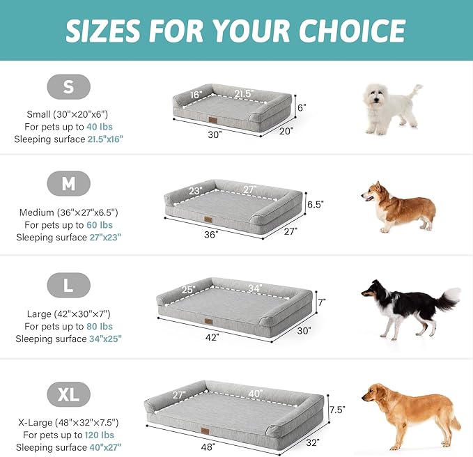 Cooling Dog Bed, Orthopedic Foam Dog Bed with Sides, Removable Washable Cover & Waterproof Lining and Nonskid Bottom, Comfortable Pet Beds for Large Dogs, Grey (42" L x 30" W x 7" Th)