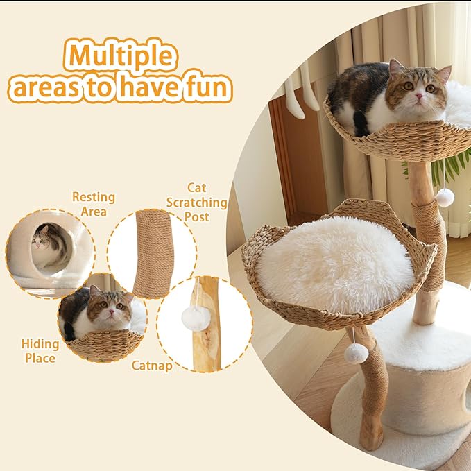 Modern Cat Tree Tower, 45” Wooden Cat Tree for Indoor Cats Large Adult, Real Solid Luxury Cat Condo with Scratching Post for Multi-Cat Households