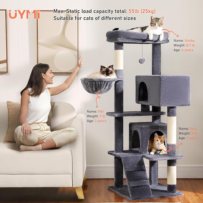 Cat Tree for Indoor Cats, 2 Cozy Condos with Spacious Top Perch, 56.3-Inch Multi-Level Cat Tower with Scratching Posts, 2 Caves, Plush Hammock and Climbing Ramp, Dark Grey