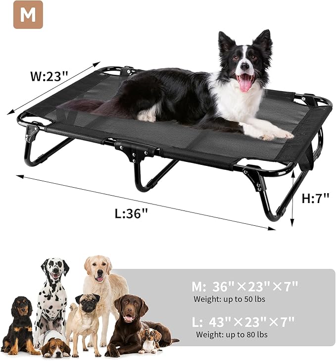 Elevated Dog Bed, Foldable Pet Beds with No Assembly, Cooling Raised Bed with Breathable Mesh, No-Slip Feet Durable Cots Bed for Indoor & Outdoor Use, Black (M:36"x23"x7")