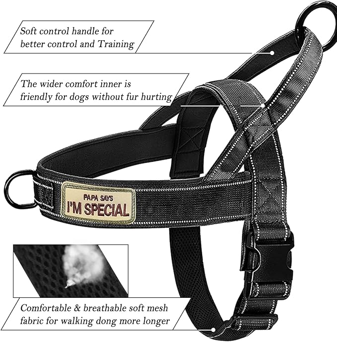 No Pull Dog Harness Black for Small Medium Large Sized Dog, Reflective Escape Proof Adjustable Dog Harnesses with 2 Patch, S