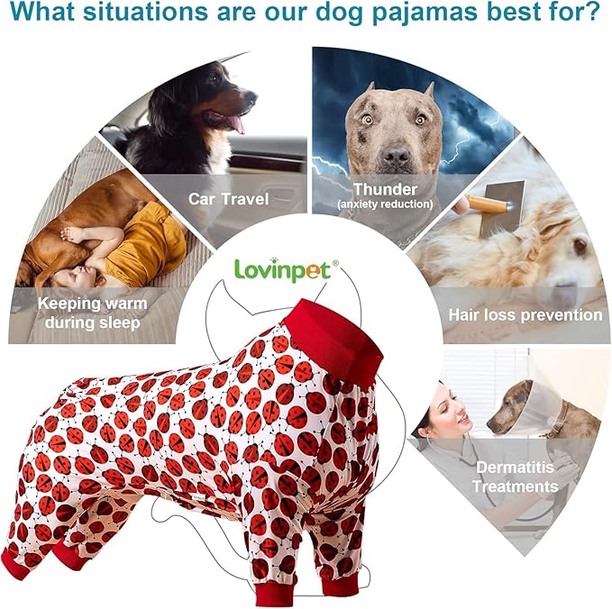 LovinPet Large Dogs Pajamas Clothes, Pitbull Onesie, Slim Fit, Lightweight Pullover Pajamas, Pitbull Clothes, Full Coverage Dog Pjs, Red Ladybug Prints, Full Coverage Large Breed Dog Pjs, XL