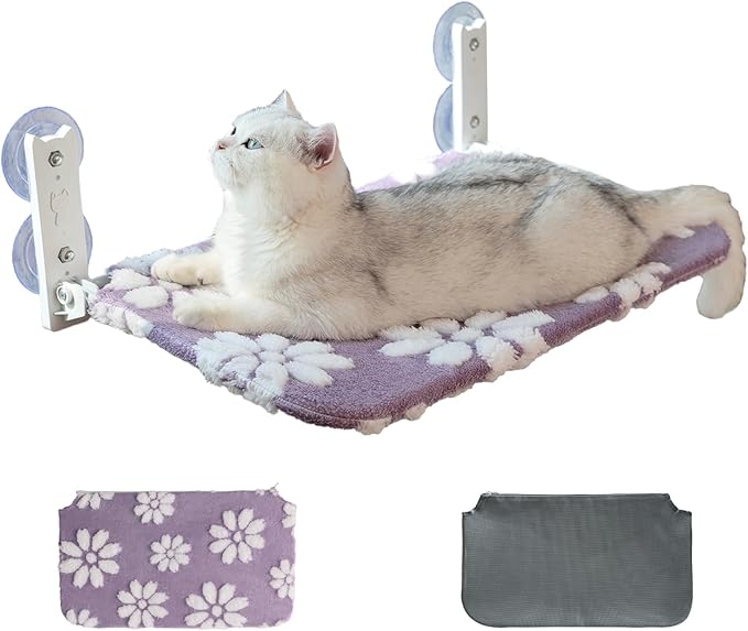 Cat Window Perch, Foldable Cat Window Hammock with Cute 3D Textured Flower Cover, Breathable Mesh Cover and Strong Suction Cups, Cordless Window Seat Bed for Indoor Cats (Purple, Medium)