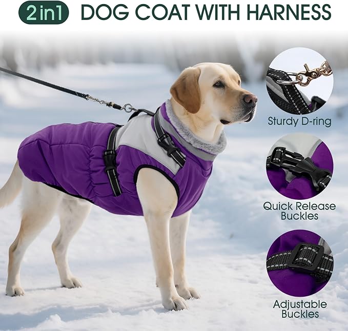 Kuoser Dog Coat, 2 in 1 Dog Jacket with Harness Built in, Winter Waterproof Puppy Puffer Jacket Snowsuit for Small Medium Large Dogs, Cold Weather Reflective Pet Fleece Vest with Zipper