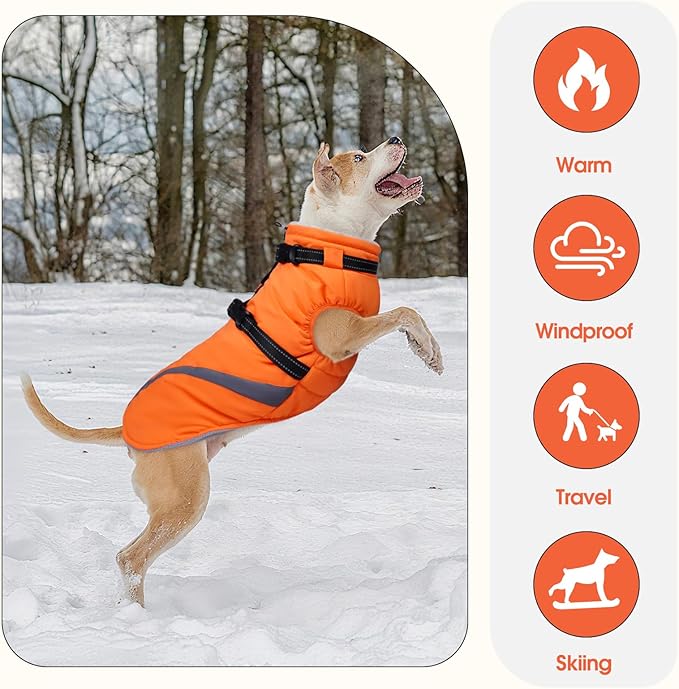 BRKURLEG Dog Winter Jackets for Small Dogs, Dog Coat with Harness Built in, Dogs Snowsuits with Zipper, Waterproof Windproof Pet Puffer Jacket Fleece Vest for Shih Tzu, Maltese, Orange S